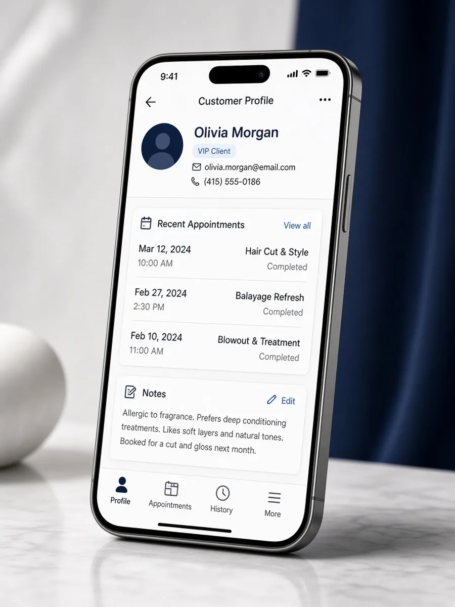 KELFIX customer profile with history and notes